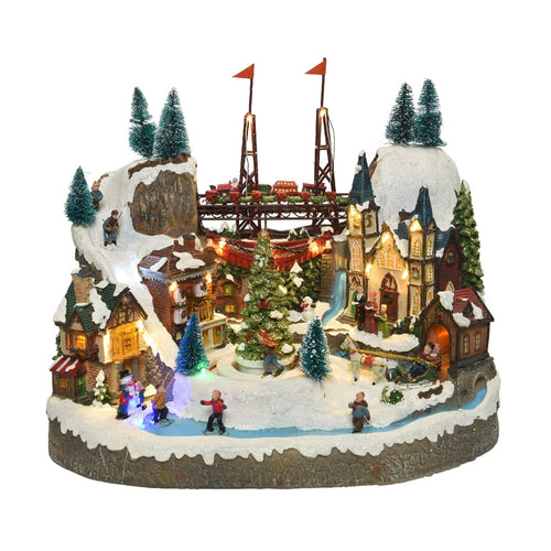 Scena animata a Led Persone del villaggio si divertono vicino l'Albero, decorazione da 39 cm