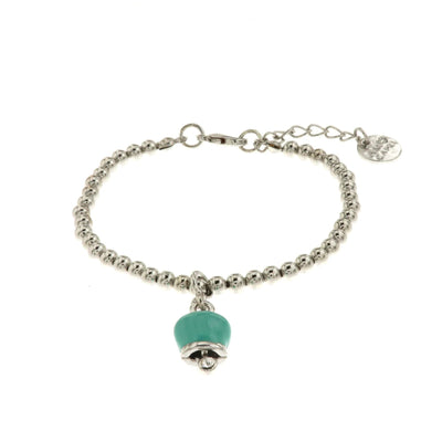 BySimon - Bracciale in Metallo maglia a sfere con campanella portafortuna pendente verde acqua impreziosita da cristalli