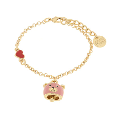 BySimon - Bracciale in Metallo con campanella a forma di orso rosa e cuore rosso