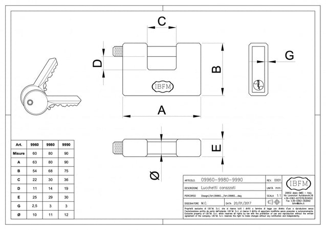 IBFM lucchetto corazzato da 90mm con blindatura integrale in acciaio corpo in ottone