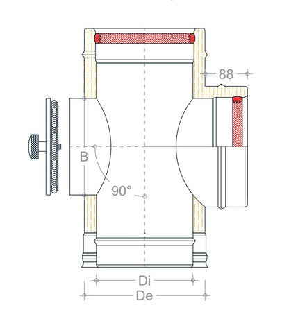 Raccordo inox Di 80 - De 130 mm a tee T doppia parete con ispezione HT