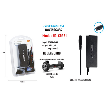 Caricabatteria Alimentatore Hoverboard Batteria Di Ricambio 42v 2,1a Maxtech Ho-ca001