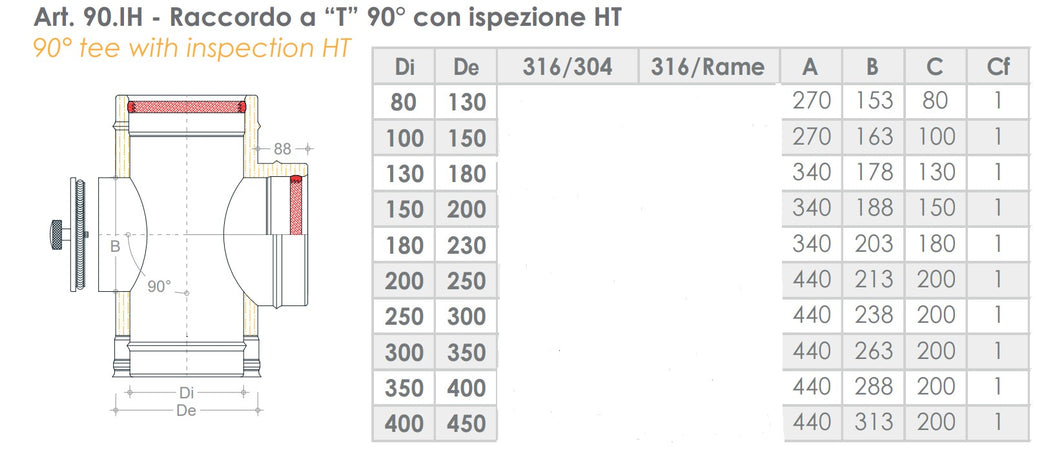Raccordo inox Di 80 - De 130 mm a tee T doppia parete con ispezione HT