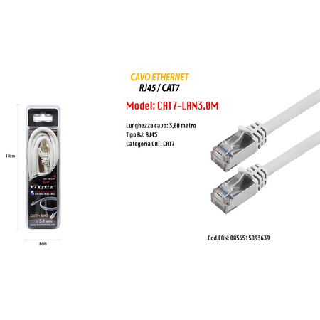 Cavo Di Rete Lan Ethernet Rj45 / Cat 7 Cavetto 3 Metri Maxtech Cat7-lan3.0m