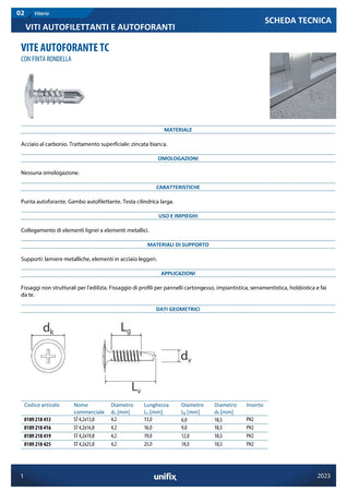 Vite autoforante 4,2x16mm - 100pz testa cilindrica per fissaggio profili cartongesso