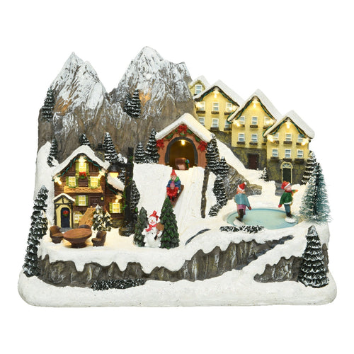 Scena animata a Led Villaggio sulla montagna con pista di pattinaggio, decorazione da 32.5 cm