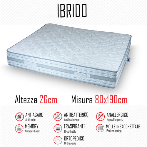 Materasso Ibrido 80x190 a molle indipendenti e memory alto 26cm
