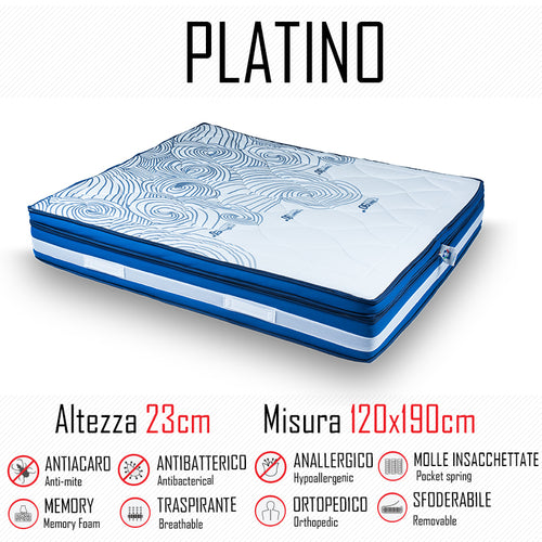 Materasso Platino 120x190 a molle indipendenti e memory gel alto 23cm