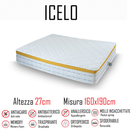 Materasso Icelo 160x190 a molle indipendenti e memory alto 27cm