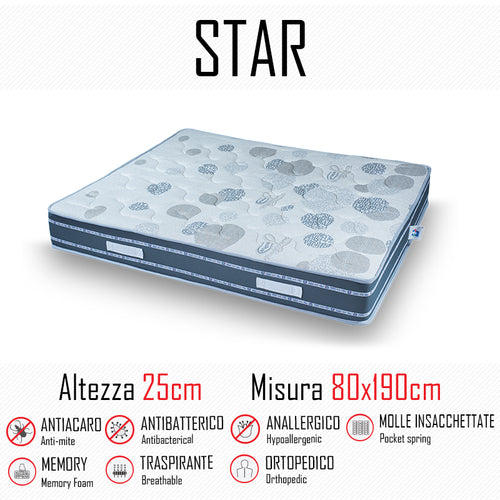 Materasso Star 80x190 a molle indipendenti e memory alto 25cm