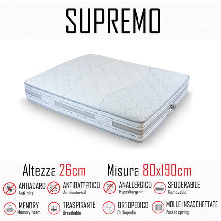 Materasso Supremo 80x190 a molle indipendenti e memory alto 26cm