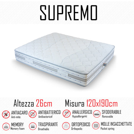 Materasso Supremo 120x190 a molle indipendenti e memory alto 26cm