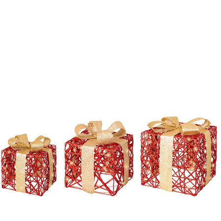 Set 3 pacchi regalo in resina luminoso color oro e rosso per uso interno ed esterno