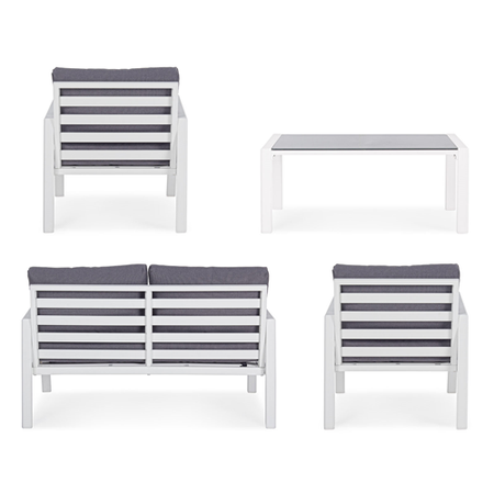 Salottino moderno per esterno "Koral" in alluminio con cuscini da giardino e veranda