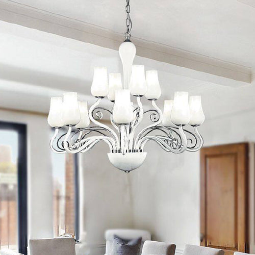 Lampadario Vetro Soffiato Bianco Trasparente Decoro Cromato Classico E14