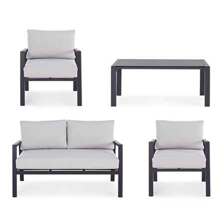 Salottino moderno per esterno "Koral" in alluminio con cuscini da giardino e veranda