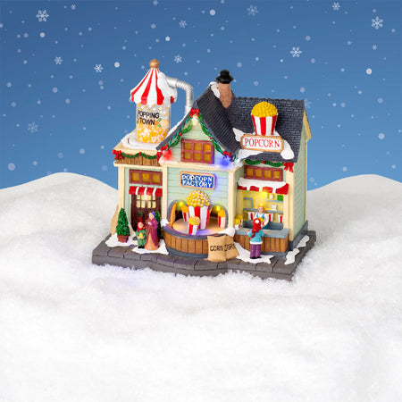 Scena animata "Negozio di pop corn" per villaggio di Natale con personaggi h 22 cm