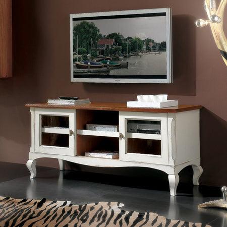 MOBILI 2G - Porta Tv 2 porte scorrevoli Shabby legno bianco Consumato 146X50x65