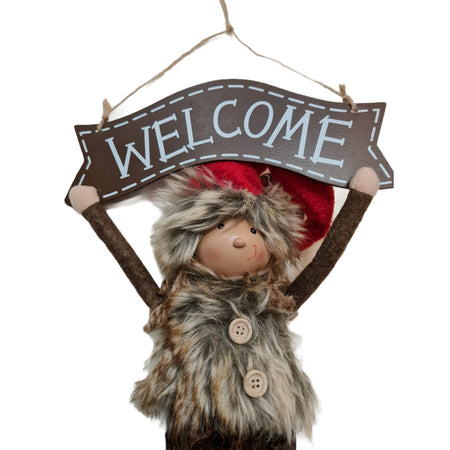 Dietro porta con Targherra Welcome  in legno con bimbo decorazione natalizia