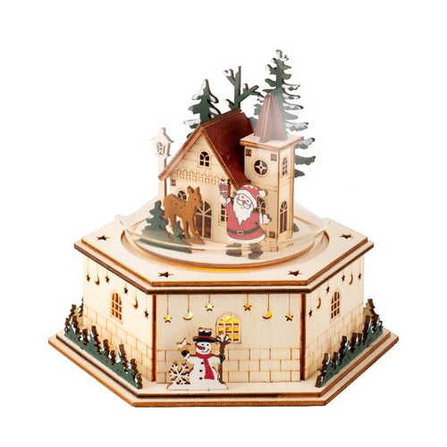 Scenario natalizio con Babbo natale e casetta in compensato con Led, da 17.5 cm