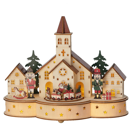 Scenario natalizio con cattedrale e schiaccianoci in compensato con Led, da 24.5 cm