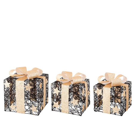 Set 3 pacchi regalo luminoso con stelle  color oro e nero per uso interno ed esterno