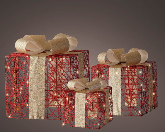 Set 3 pacchi regalo luminoso con stelle  color oro e rosso per uso interno ed esterno