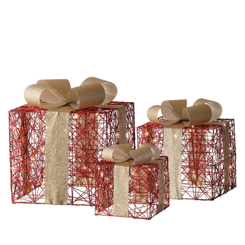 Set 3 pacchi regalo luminoso con stelle  color oro e rosso per uso interno ed esterno