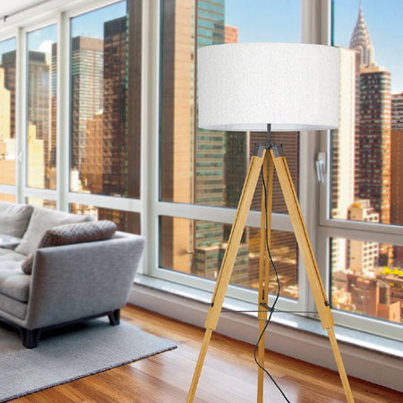 Piantana Treppiedi Legno di Ciliegio Paralume Tessuto Bianco Lampada da Terra Moderna E27