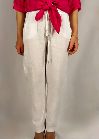 Sarah Chole Pantalone Donna in Lino Bianco Con Vita Regolabile