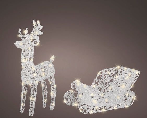 Decorazione natalizia "Renna con slitta" 3D con led bianco caldo per uso interno ed esterno