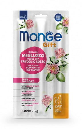 Monge Gift Skin Support Gatto Merluzzo con Trifoglio Rosso Sticks 15 gr