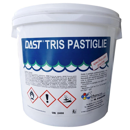 Cloro multifunzione "Tris pastiglie" con antialghe e flocculante per piscina in pastiglie