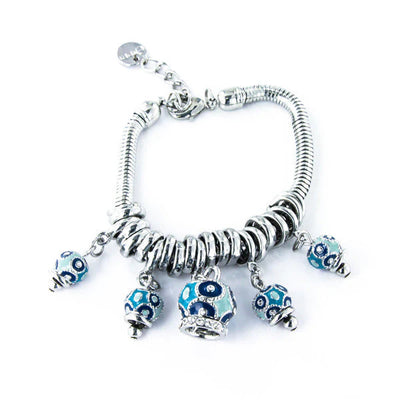 BYSIMON - Bracciale in Metallo multiciondoli pendenti con campanelle azzurre e cristalli luminosi