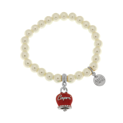 BySimon - Bracciale in Metallo Bracciale in Metallo con perle e campanella smalto rosso con scritta Capri