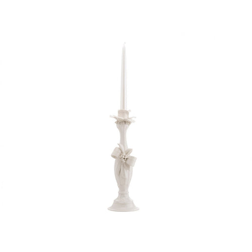 Candeliere grande in porcellana total white con decoro fiocco, firmato Schonherr, altezza 31 cm, con scatola regalo inclusa.