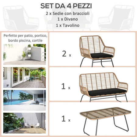 Set Mobili da Giardino Stile Boho in Rattan PE con 2 Poltrone, Divanetto e Tavolino 860-202