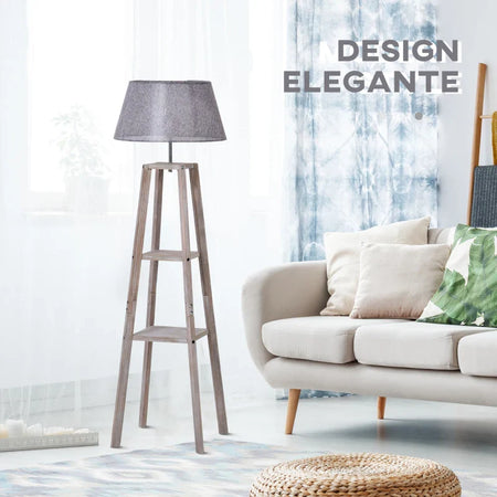 Lampada da Terra in Legno con 3 Ripiani e Paralume in Tessuto, 45x45x148cm, Grigio VB8B31-144VB8
