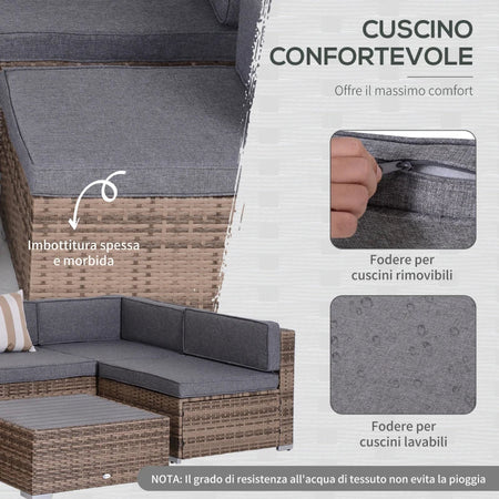 Salotto da Giardino in Rattan da 7 Pezzi con Tavolino e Divano Modulabile con Cuscini, Grigio 860-020V03