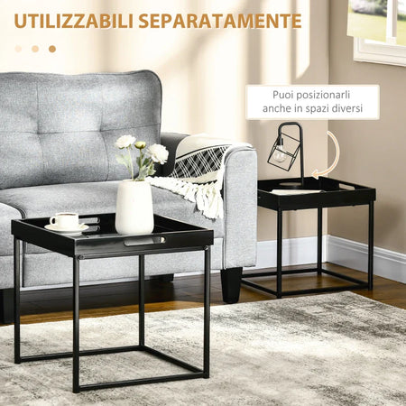 Set da 2 Tavolini nero lucido PS2839-314BKPS2 ,  soggiorno salotto basso nero bianco marrone grgio design moderno sala moderno alto divano camera legno vetro rotondo