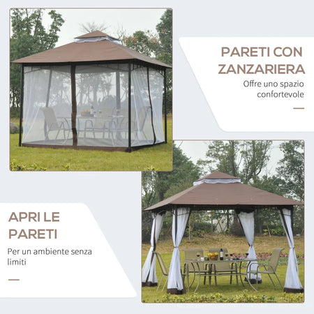 Gazebo da Giardino 3x3m con Zanzariera, Telaio in Acciaio e Doppio Tettuccio, Bianco 84C-010CF