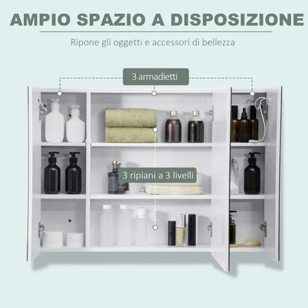 Armadietto Specchiera da Bagno con 3 Armadietti, 3 Ripiani e Luce LED, 90x15x65 cm, Bianco UJ2834-416WTUJ2