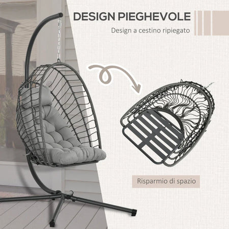 Poltrona Sospesa in Rattan PE con Cuscino, Seduta Pieghevole e Struttura in Acciaio, Grigio 867-157V00CG