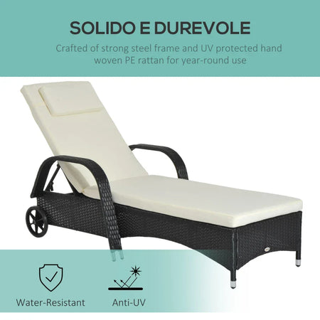 Lettino Prendisole da Giardino con Ruote, Sedia a Sdraio per Spiaggia con Altezza Regolabile in Rattan, Nero e Crema, 200x73x103cm  862-005BK