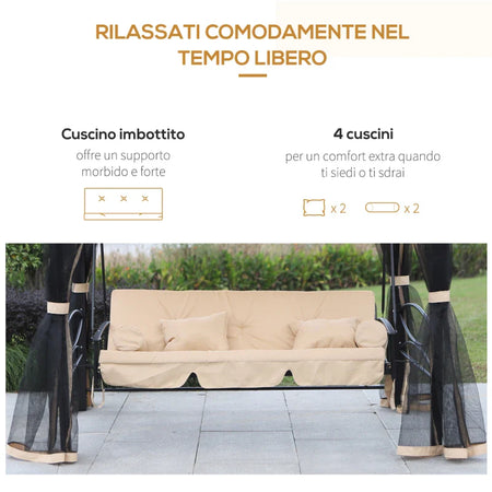 Dondolo da Giardino 3 Posti Lettino e Gazebo Design 3 in 1 con Tettuccio, 256x172x248cm, Beige 84A-056