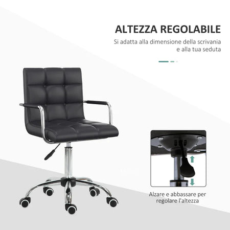 Sedia da Ufficio Ergonomica in pelle PU Nero, Sedia da Studio con 5 Ruote Girevoli, Imbottitura e Altezza Regolabile, 52.5x54x84-99cm ML402-0697ML4