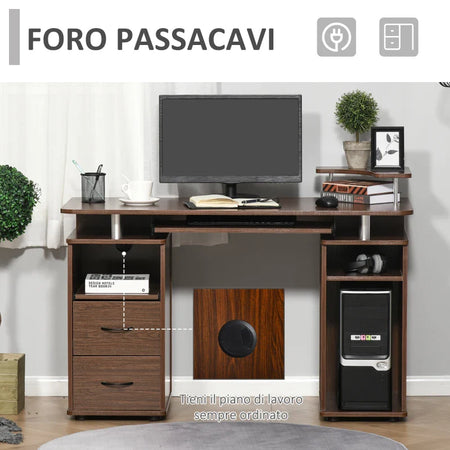Scrivania per Computer Moderna Porta PC in Legno con Cassetti, Scrivania Salvaspazio Con Libreria, Mensola Estraibile e Porta Tastiera, 120x55x85cm, Marrone ZA6920-011V01ZA6