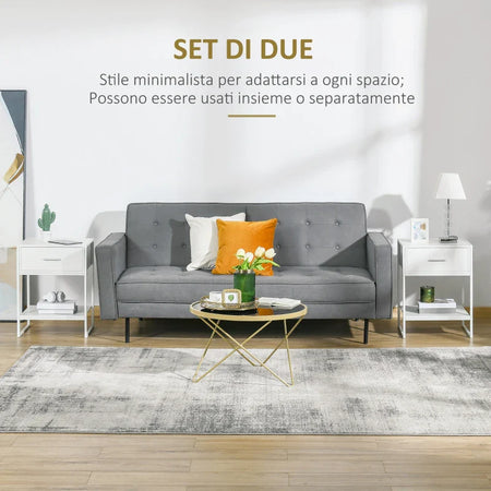 Comodino Moderno Set 2 Pezzi con Cassetto e Ripiano Aperto per Camera da Letto e Soggiorno, in MDF e Acciaio, 45x40x60cm, Bianco TY8831-534V01WTTY8