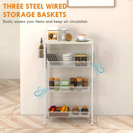 Carrello da Cucina a 3 Livelli con Cestino Laterale e Gancio, in Truciolato e Acciaio, 58x18.5x87 cm TR4801-343V00WTTR4