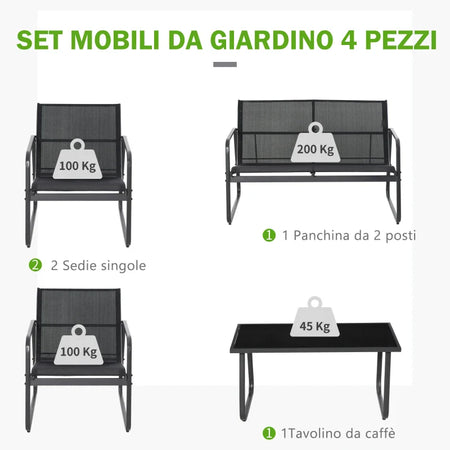 Set Tavolino con Panchina e 2 Sedie da Giardino, Arredamento da Esterno in Metallo e Texteline, Nero 84B-507